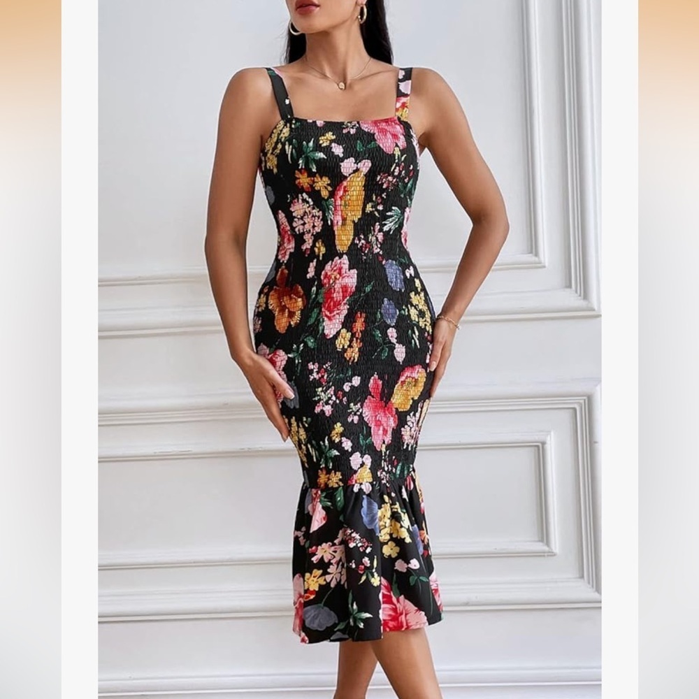 PRETTYGARDEN Women's Floral Midi Dress w/ Ruffled Hem | Smocked Bodycon